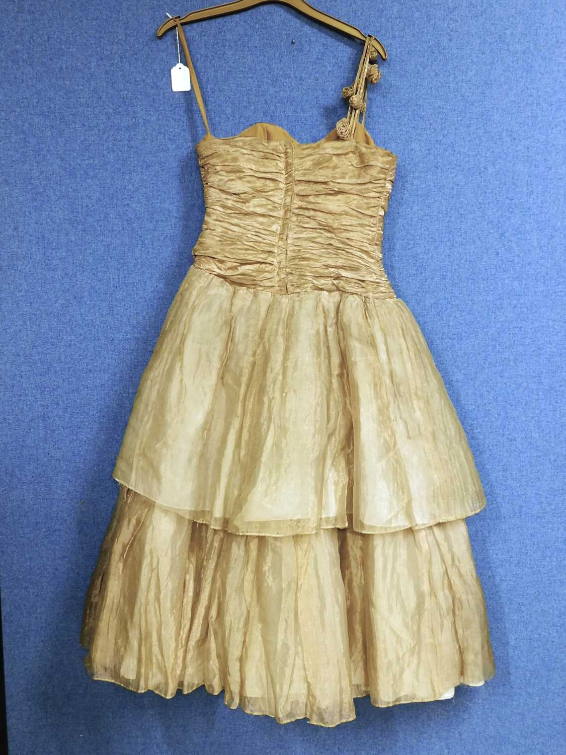 A lady's one shoulder gilt taffeta dress by Frou-Frou, Sandra Ruffell, with two tiered skirt with - Image 3 of 8