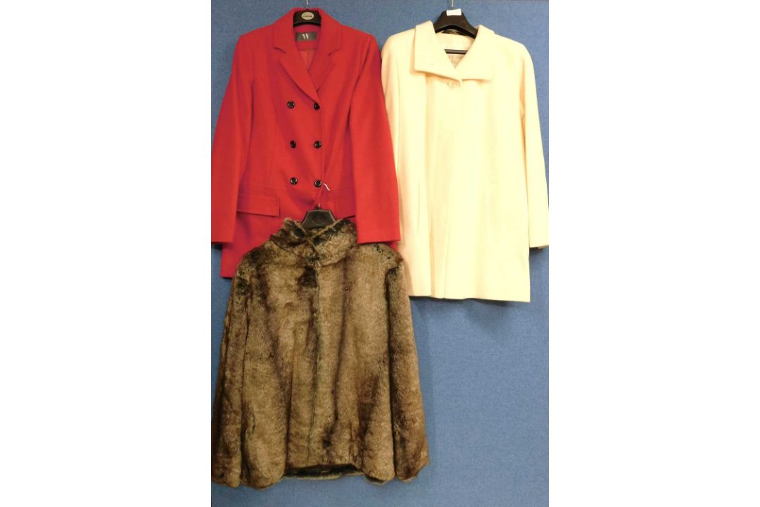 Three lady's coats, to include a cream wool blend coat by Marks & Spencers size 14, a red double - Image 1 of 2
