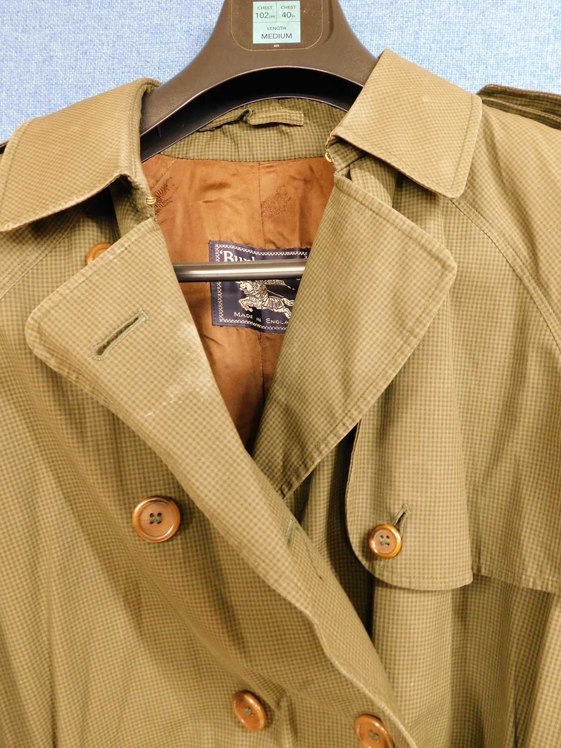 A lady's double breasted Burberry trench coat, in green check with brown buttons, belted waist and - Image 3 of 10