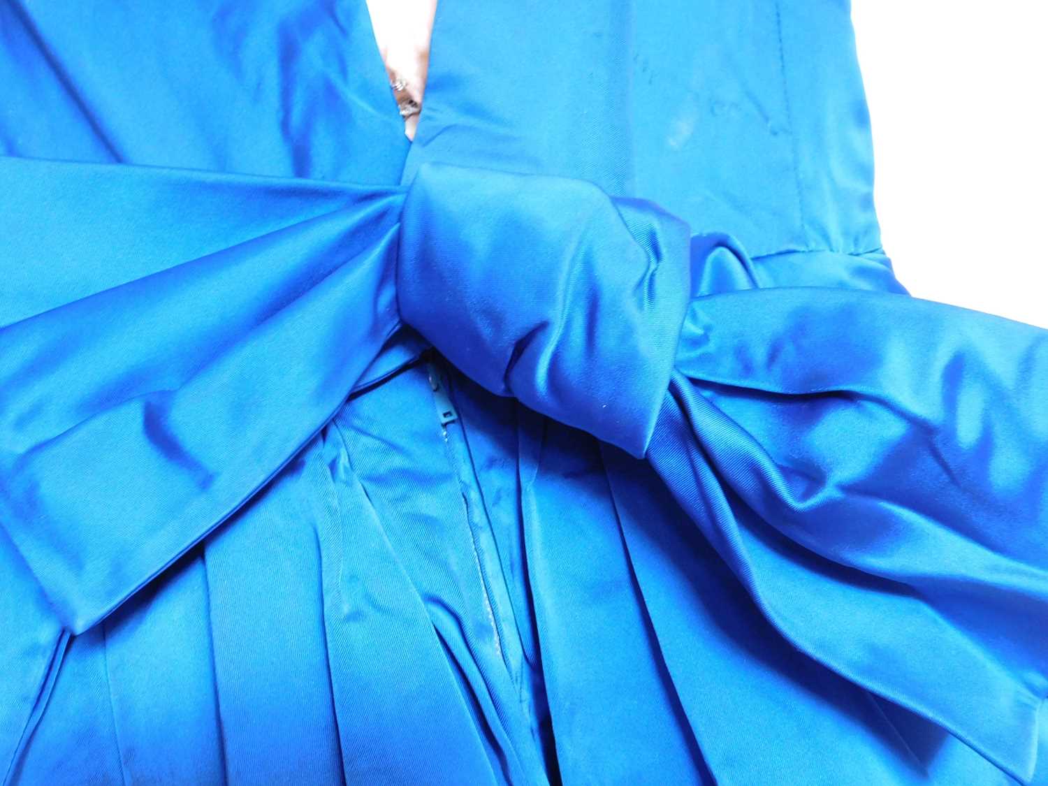 A mid 20th century evening gown, the custom made blue satin sleeveless shift with deep V-back and - Image 6 of 6