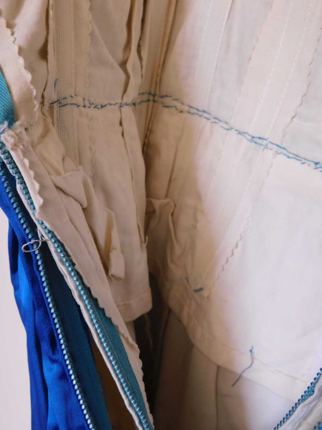 A mid 20th century evening gown, the custom made blue satin sleeveless shift with deep V-back and - Image 4 of 6
