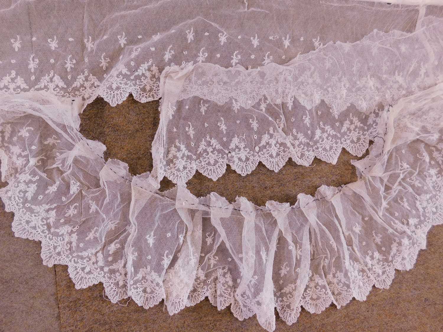 An adapted Victorian black satin skirt, a quantity of machine made lace, a pair of gloves and a - Image 2 of 5