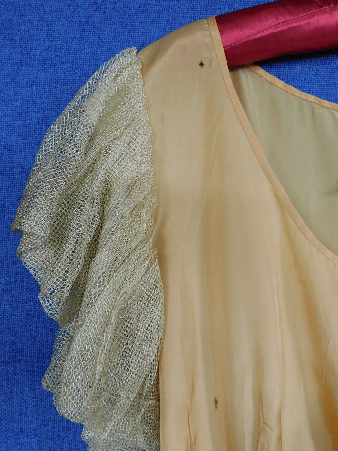 Two c.1930's lady's dresses, to include an apricot satin and net dress with V neck, net sleeves - Image 8 of 9