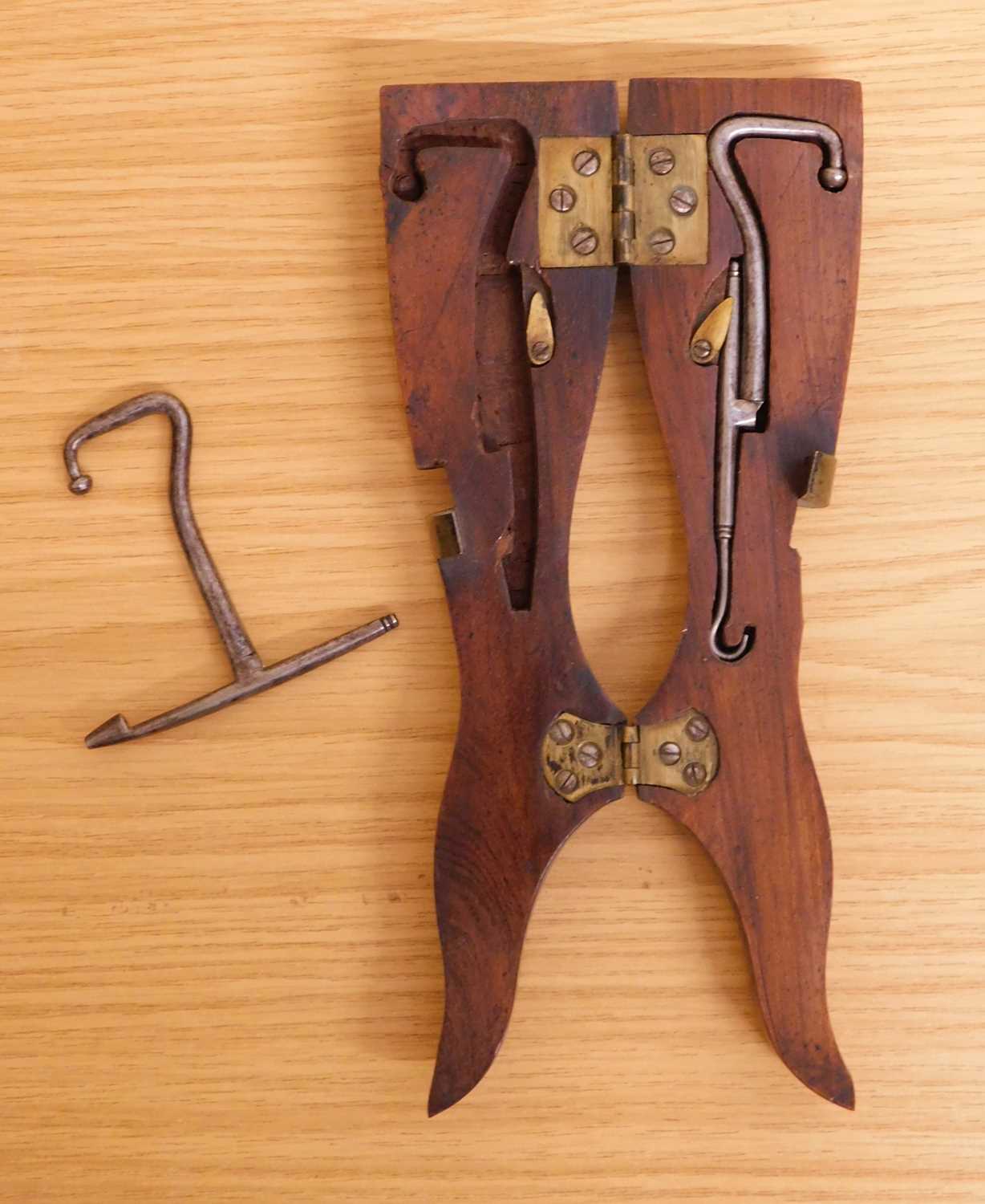 A novelty cased pair of button hooks, the steel hooks, folded inside a turned and shaped wooden, - Image 3 of 8