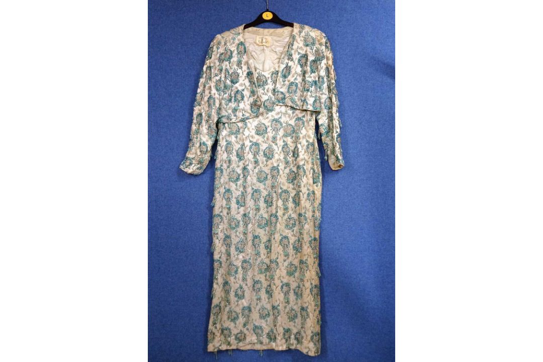 A mid 20th century blue beaded shift dress and matching bolero jacket by Mandell Couture - Image 1 of 6