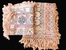 Two Islamic silk throw, one approx. 190 x 222cm with fringed edging, the other approx. 139 x