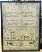 A George III sampler, the four verse religious text, a house, horse, figures, flora and fauna, named