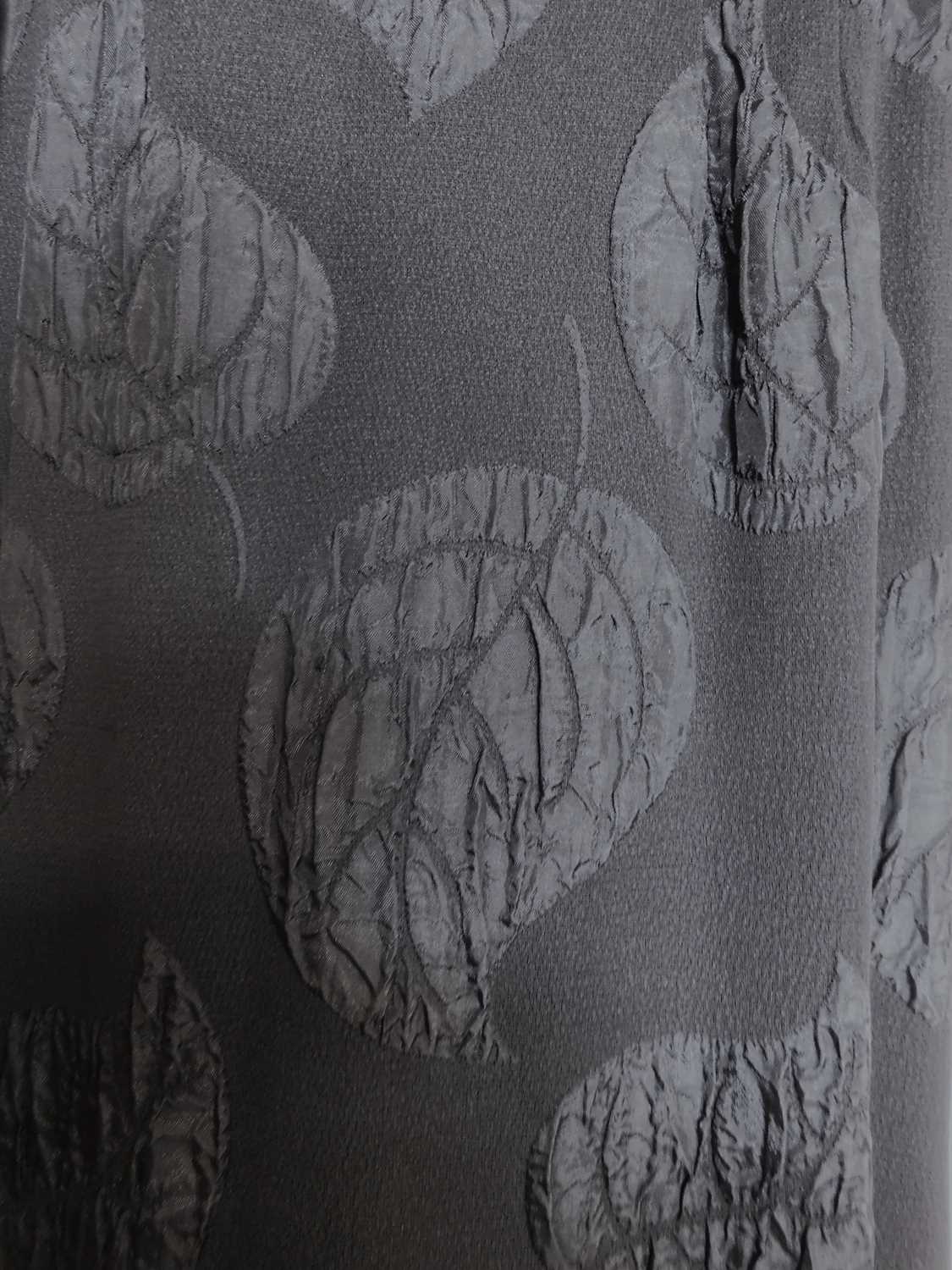A c.1960's black shift evening dress, with crepe leaf design all over, open back with button - Image 3 of 5
