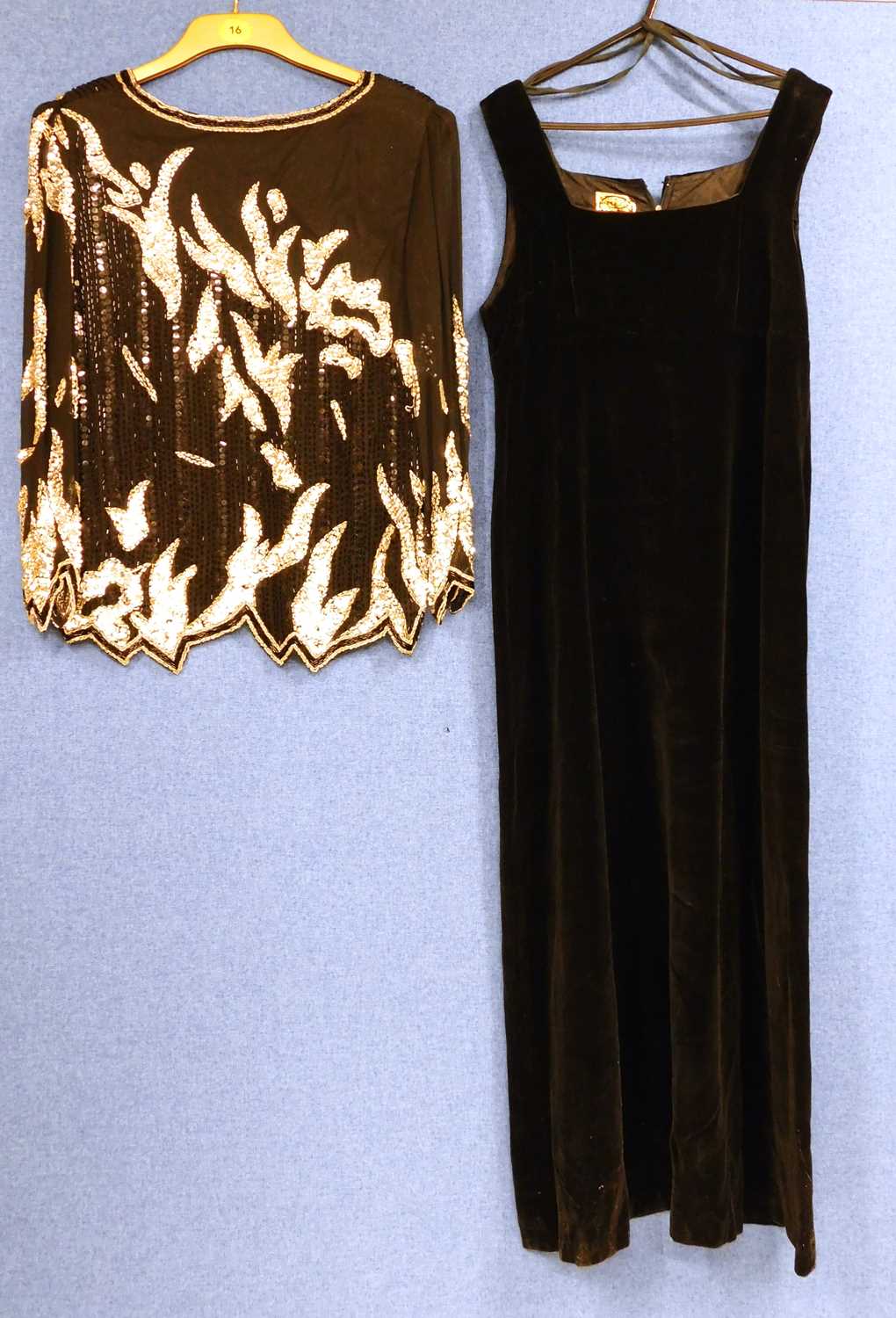 Two items of lady's evening wear, to include a black beaded and silver sequinned silk top by Sho Max