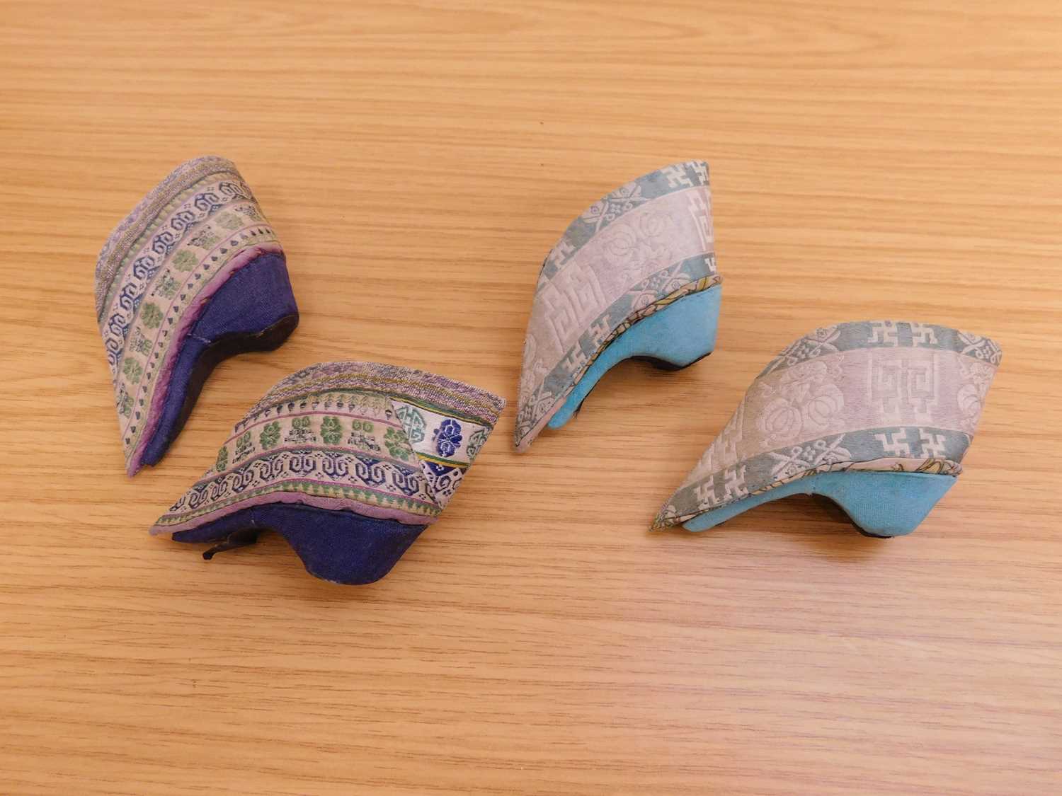 Two pairs of Chinese lotus shoes, the fabric shoes with fabric covered block heels, each approx. 9cm - Image 3 of 3