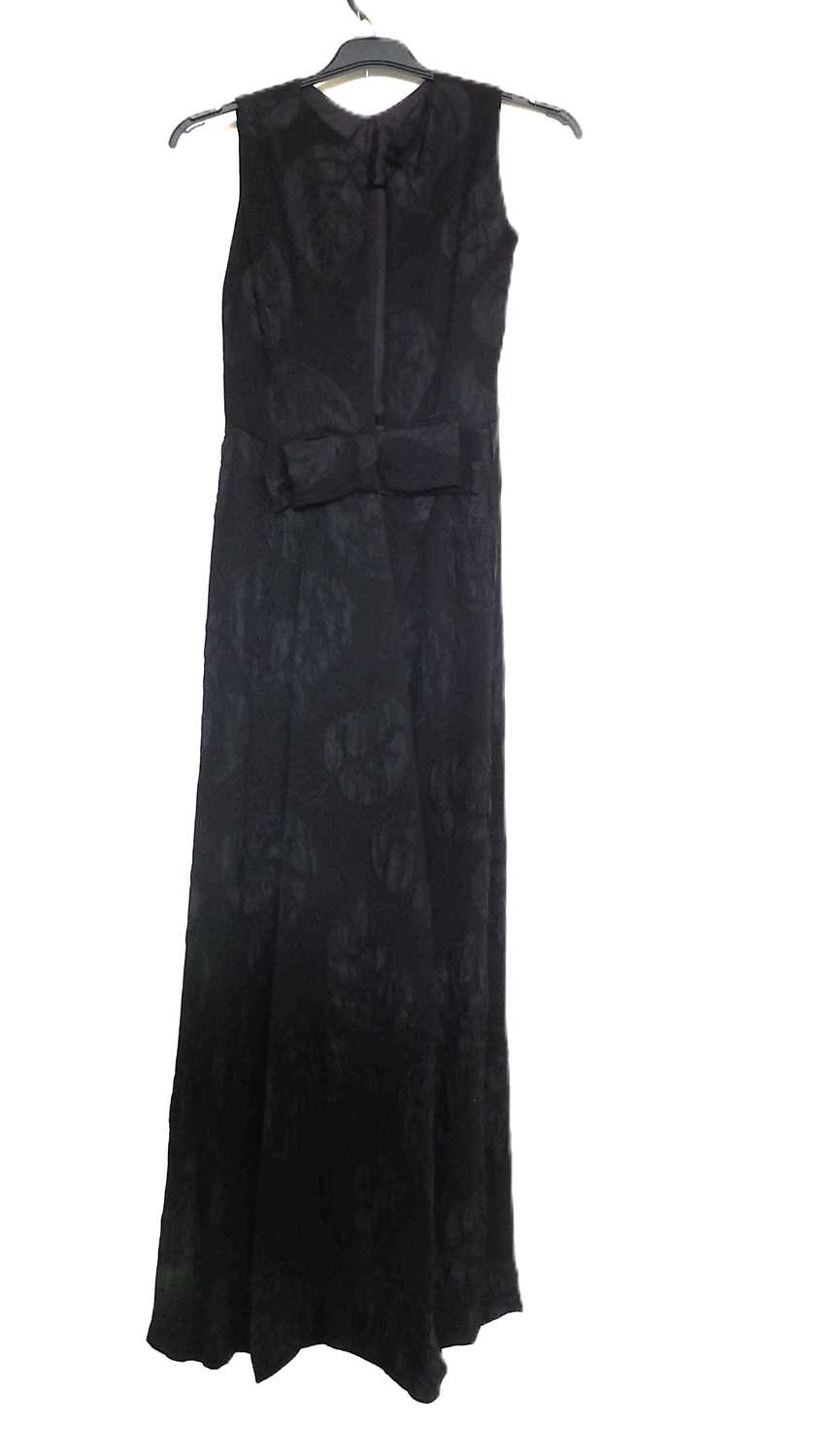 A c.1960's black shift evening dress, with crepe leaf design all over, open back with button - Image 2 of 5