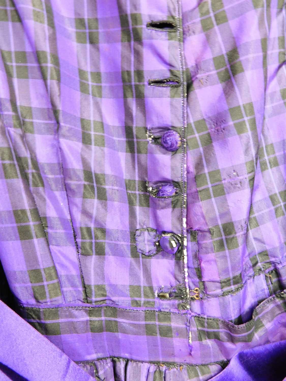 A lady's late Victorian purple check day dress, with button front, full skirt, sash waist, braided - Image 8 of 12