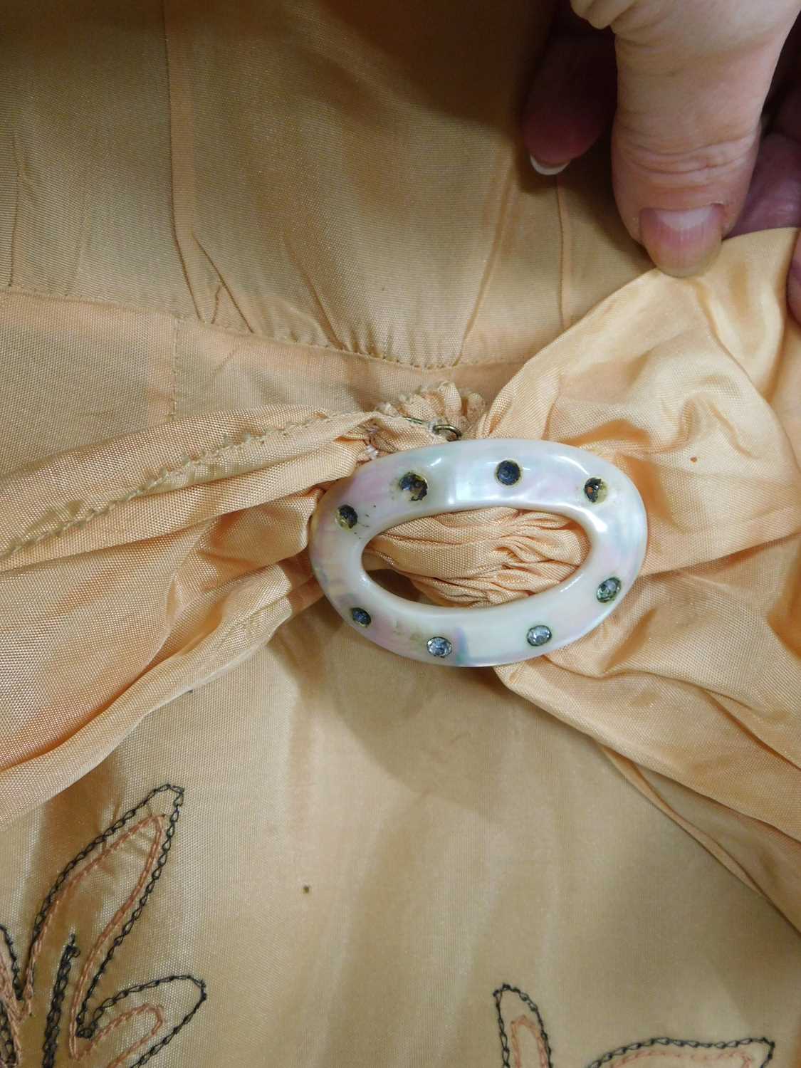 Two c.1930's lady's dresses, to include an apricot satin and net dress with V neck, net sleeves - Image 9 of 9