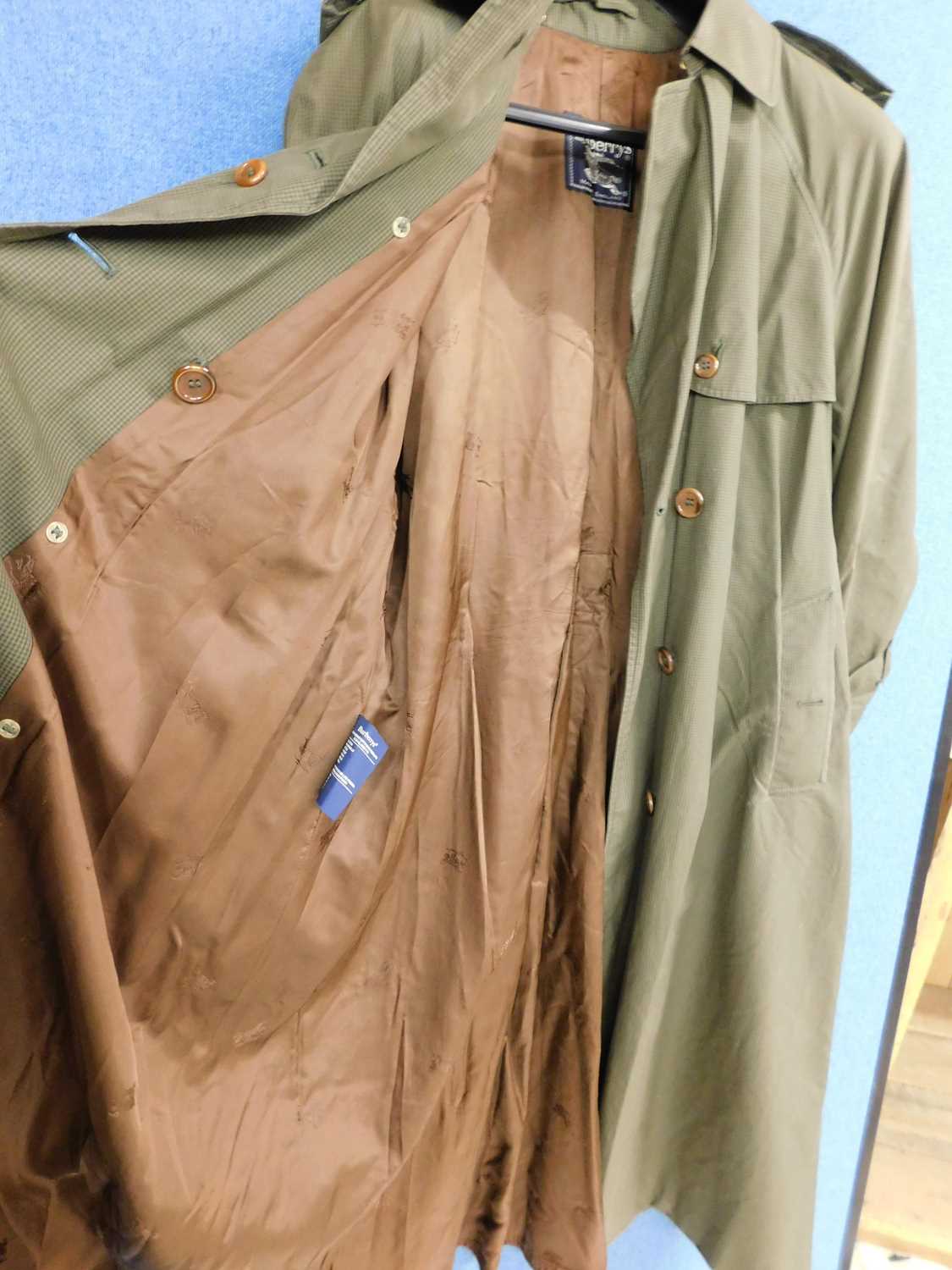 A lady's double breasted Burberry trench coat, in green check with brown buttons, belted waist and - Image 6 of 10