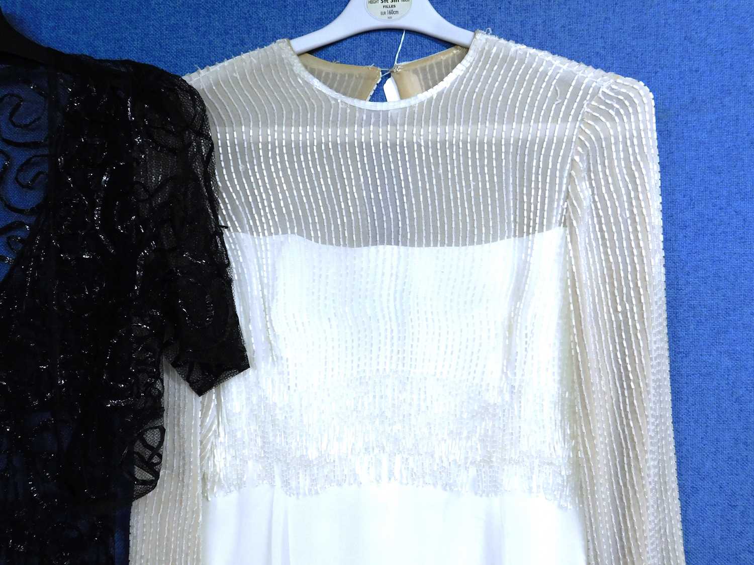 A lady's black net and sequin ribbon V neck dress with matching bolero, together with a cream - Image 3 of 5
