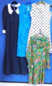 Four mid 20th Century dresses to include a black and white polka dot sleeveless dress by Cresta