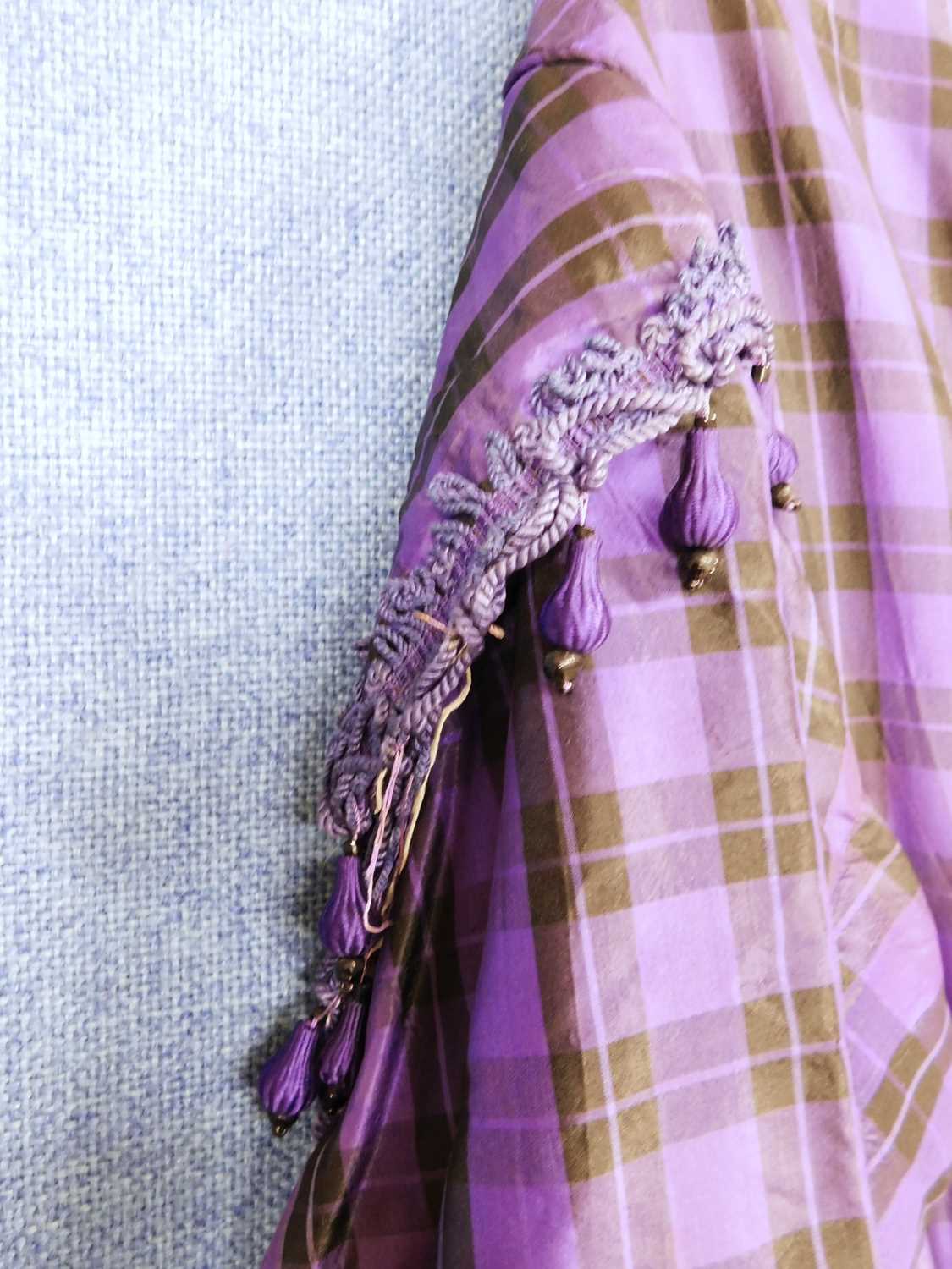 A lady's late Victorian purple check day dress, with button front, full skirt, sash waist, braided - Image 6 of 12