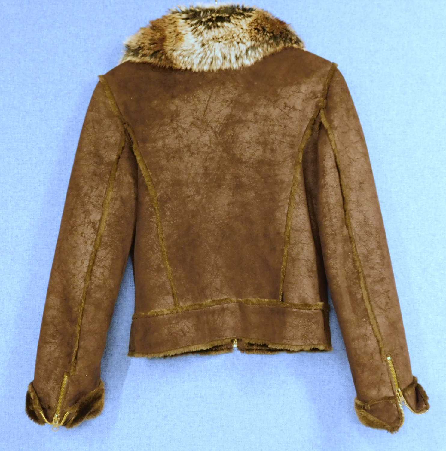 A brown faux suede and faux fur jacket by Kosha size S/10 with zip front, zip pockets and buckle - Image 2 of 3