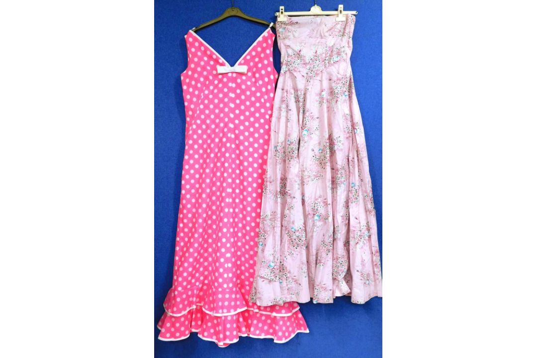 Two lady's dresses to include a cerise polka dot sleeveless dress by Cresta Couture, size 14 and a