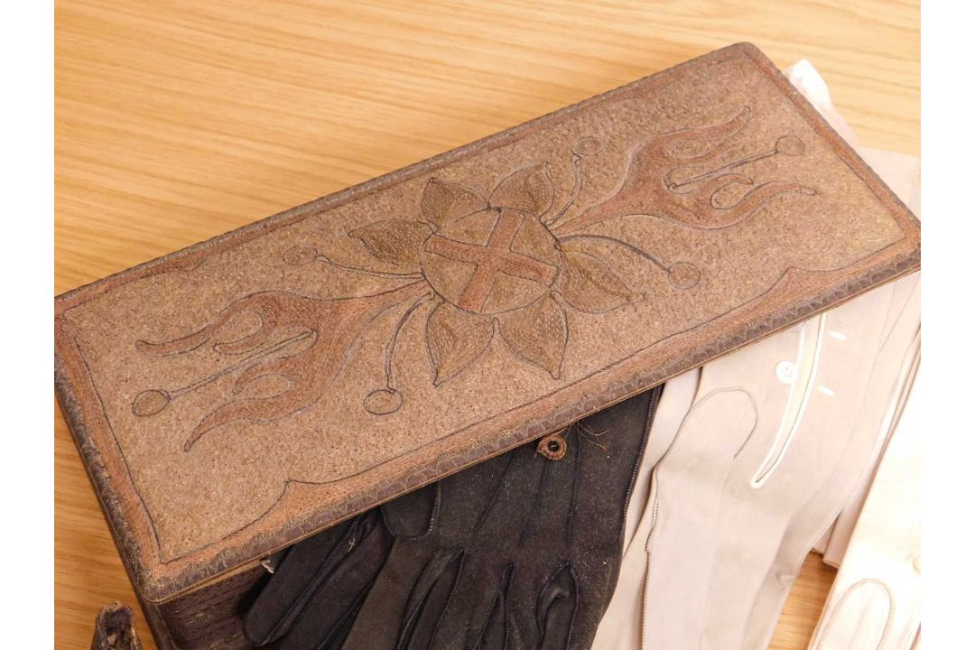 A crewel work glove box and a quantity of gloves and two pairs of silver topped glove stretchers, - Image 2 of 3