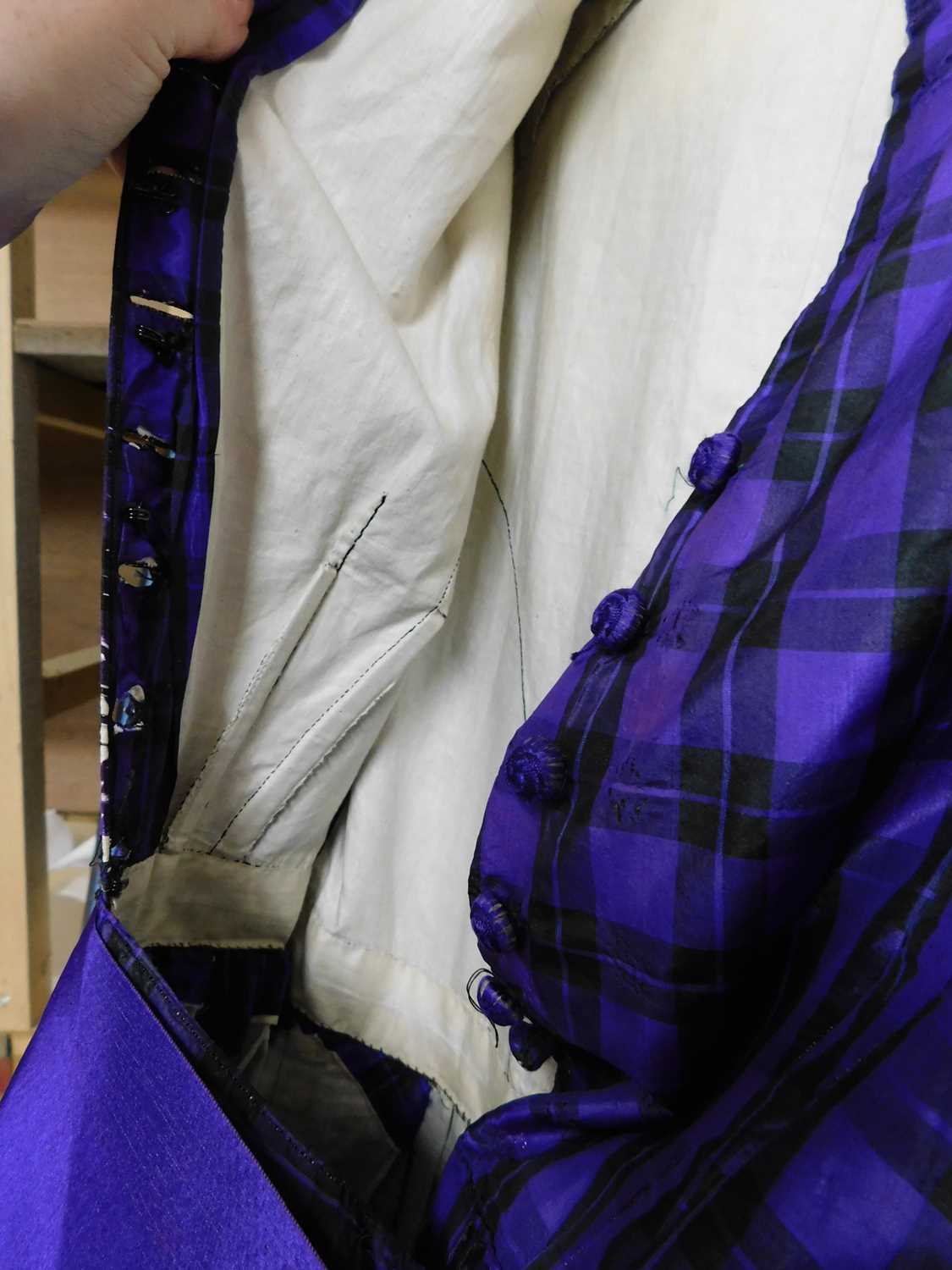 A lady's late Victorian purple check day dress, with button front, full skirt, sash waist, braided - Image 11 of 12