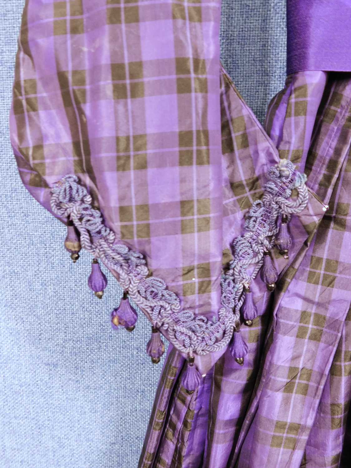 A lady's late Victorian purple check day dress, with button front, full skirt, sash waist, braided - Image 5 of 12