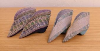 Two pairs of Chinese lotus shoes, the fabric shoes with fabric covered block heels, each approx. 9cm