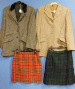 Two lady's jackets and two kilts to include a brown tweed Harry Hall three button single breasted