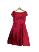 A red raw silk cocktail dress and matching pashmina/shawl, with off-the-shoulder scoop neckline,