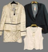 A ladies cream and black tweed suit by J Taylor, size 20, new with tags, a grey pinstripe single