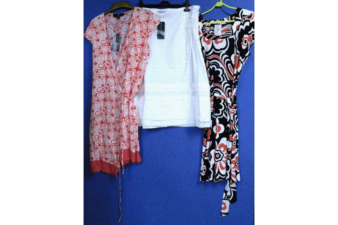 A ladies Jasper Conran red and cream floral wrap-over dress size 18 with tags, a ladies Marks &
