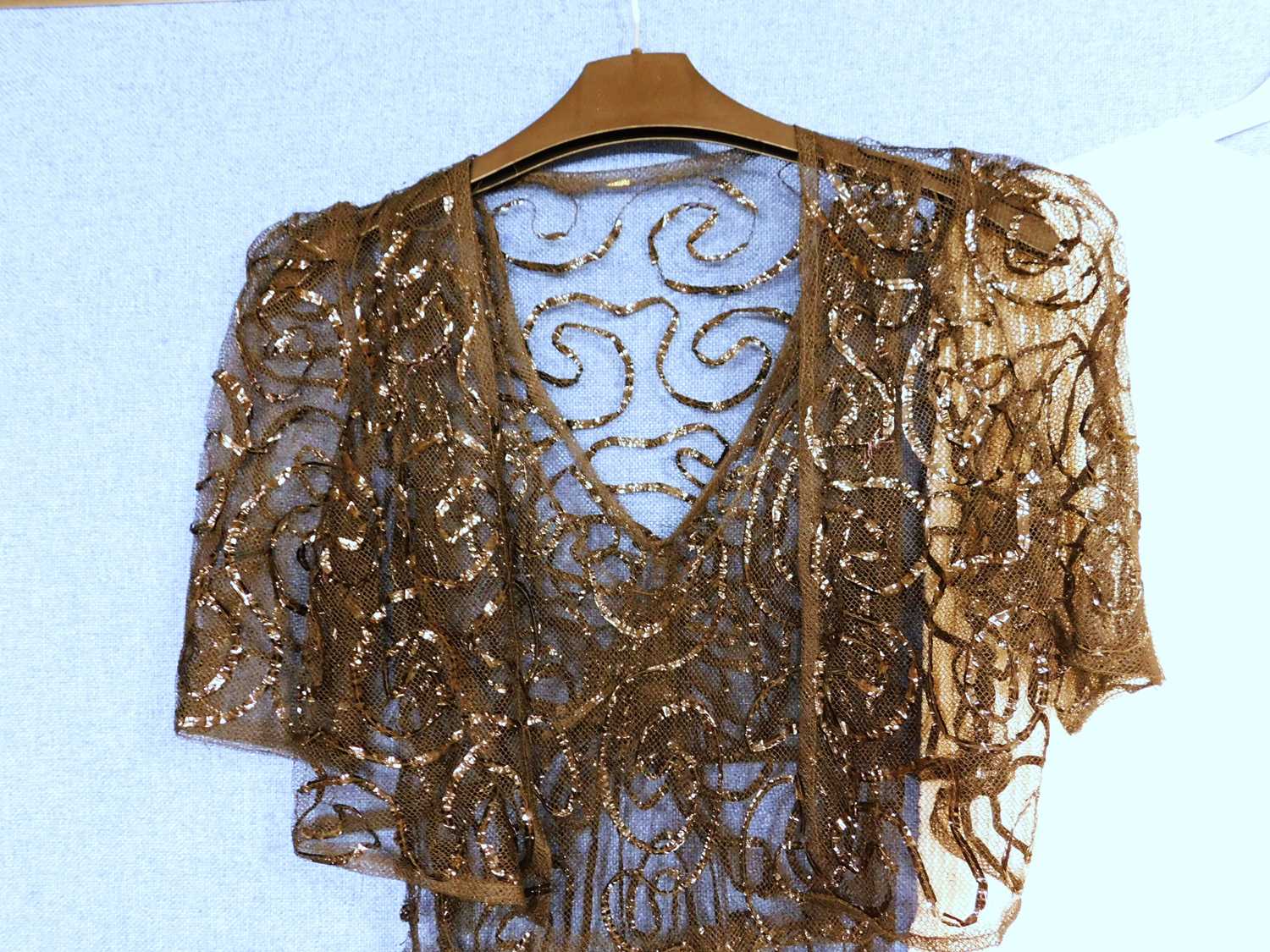 A lady's black net and sequin ribbon V neck dress with matching bolero, together with a cream - Image 4 of 5