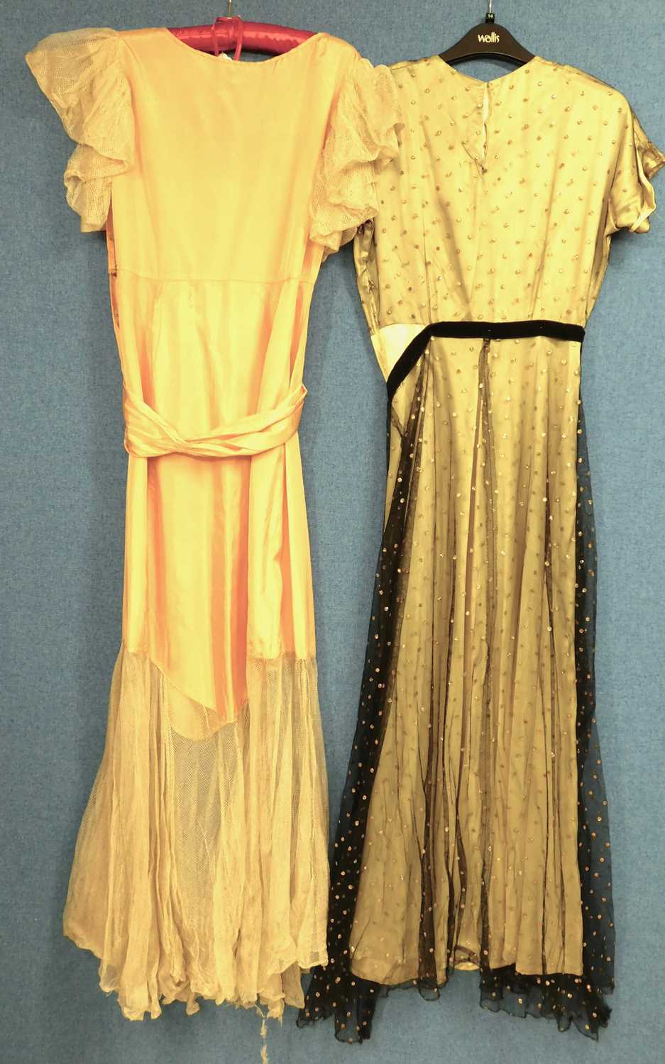 Two c.1930's lady's dresses, to include an apricot satin and net dress with V neck, net sleeves - Image 2 of 9