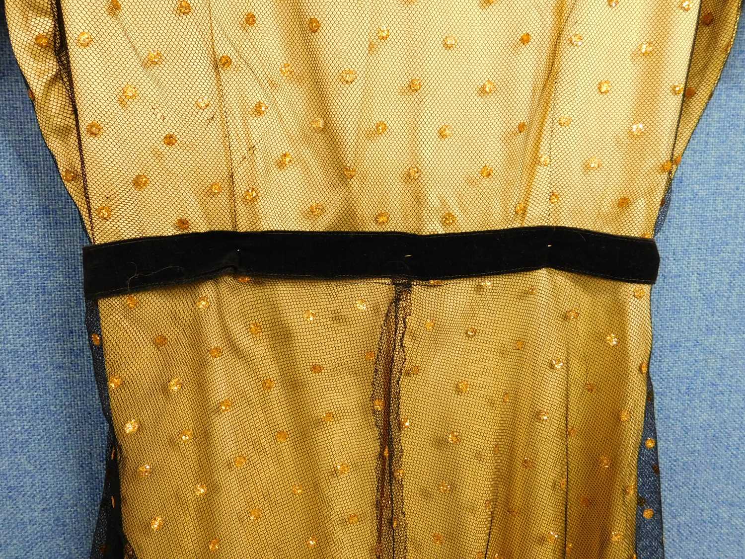 Two c.1930's lady's dresses, to include an apricot satin and net dress with V neck, net sleeves - Image 3 of 9