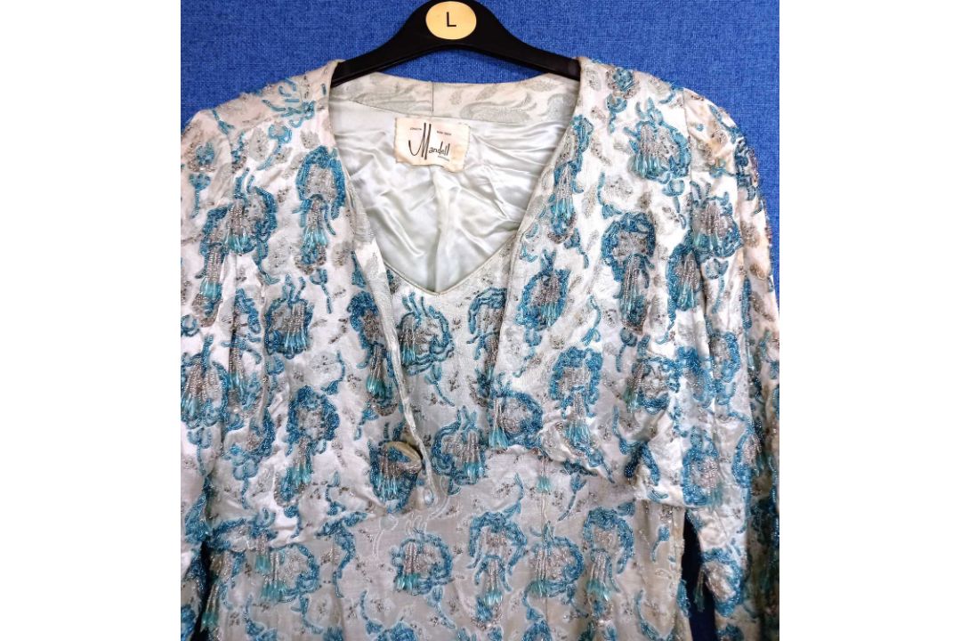 A mid 20th century blue beaded shift dress and matching bolero jacket by Mandell Couture - Image 3 of 6