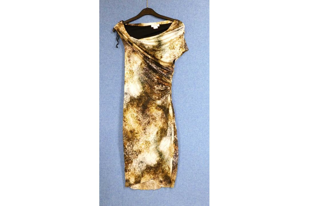 A sleeveless abstract pattern dress by Helmut Lang with asymmetrical cowl neck front, size S - Image 1 of 2