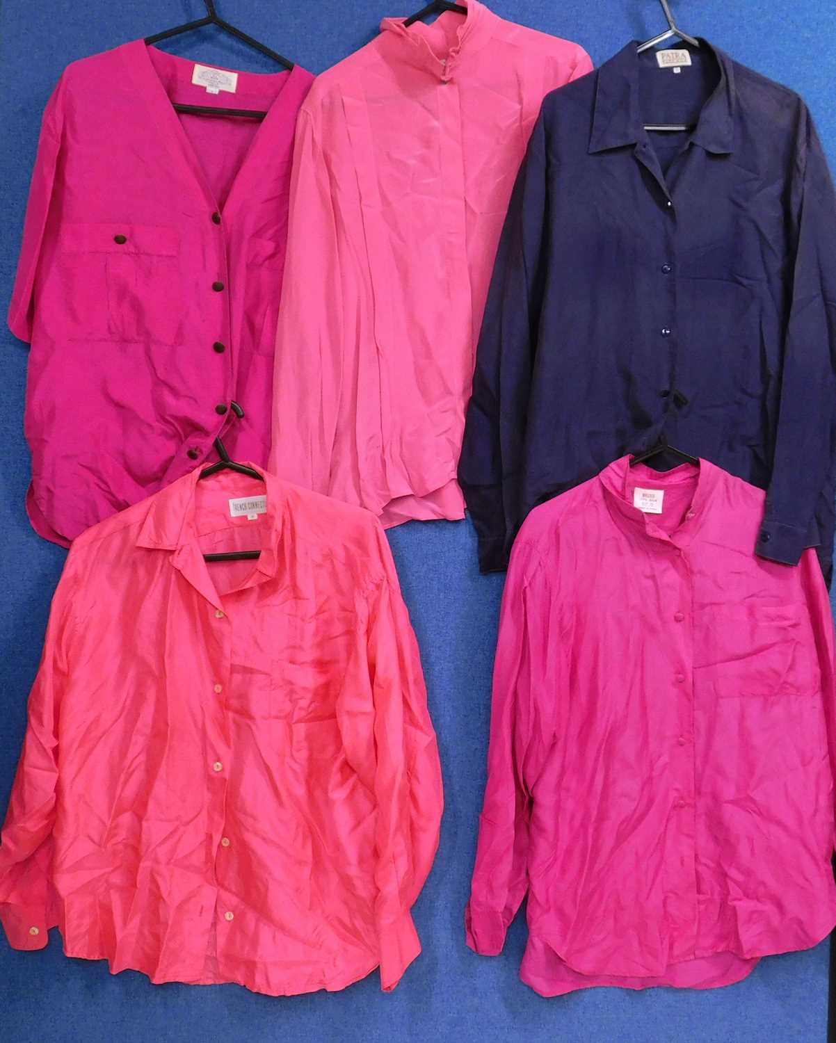 Five lady's silk shirts, to include a fuschia pink shirt by French Connection size S, and four other