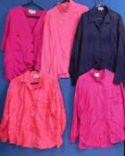 Five lady's silk shirts, to include a fuschia pink shirt by French Connection size S, and four other