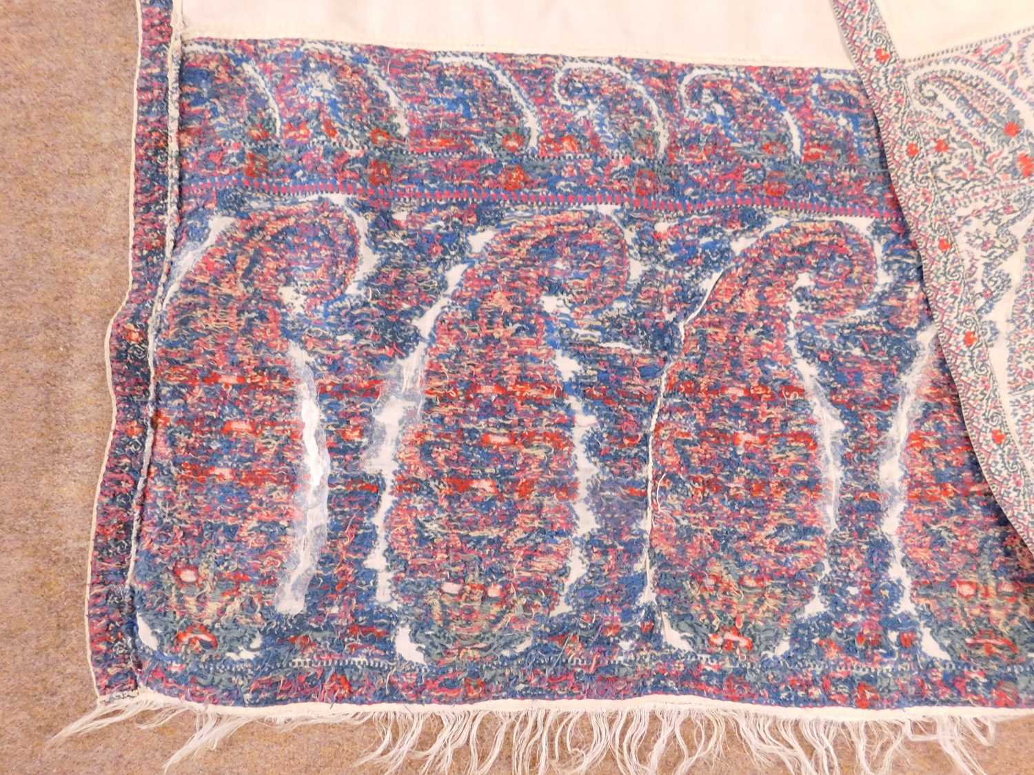 A 19th century shawl, with cream ground and red and blue paisley to ends and edges, approx. 226 x - Image 4 of 7