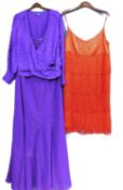 Two items of evening wear, to include a ladies red satin fringed and beaded detail spaghetti strap