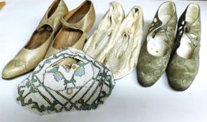 Three pairs of early 20th Century lady's shoes together with a beaded bag (4)