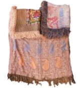 Three Eastern throws, to include a silk throw with Chinese women and pagodas, approx. 120 x120cm, an