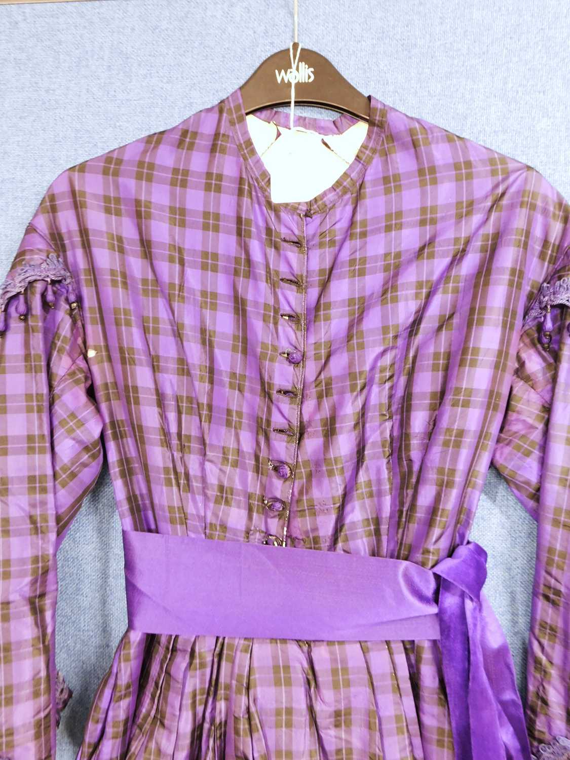 A lady's late Victorian purple check day dress, with button front, full skirt, sash waist, braided - Image 3 of 12