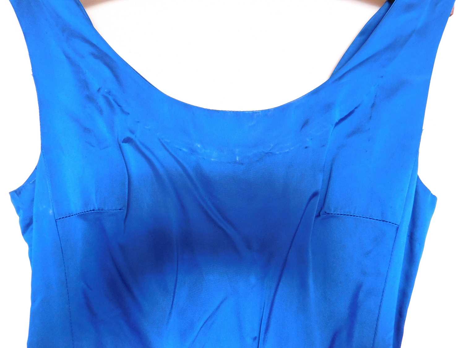 A mid 20th century evening gown, the custom made blue satin sleeveless shift with deep V-back and - Image 5 of 6