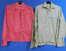 Two lady's shirts, to include a beige safari style shirt by Harrods size 14, together with a fuschia