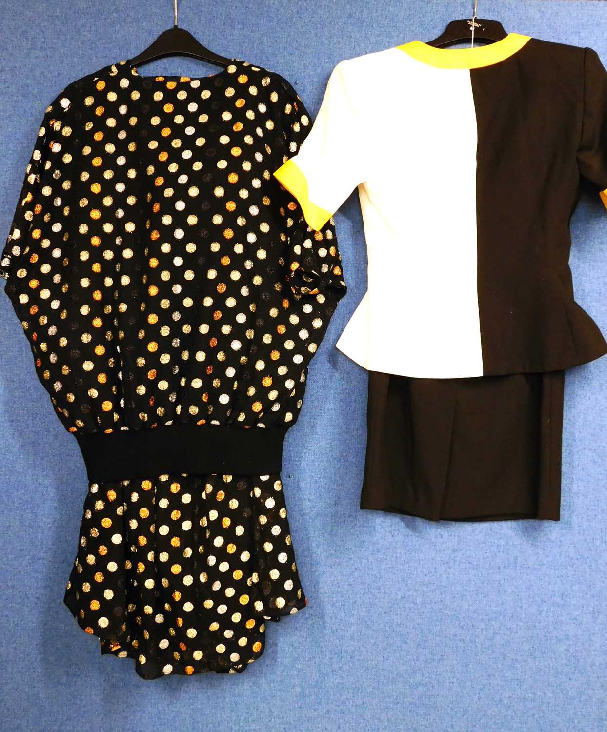 Two 1980's lady's suits, to include a black, white and yellow short sleeved skirt suit by Kasper - Image 2 of 4
