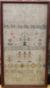 A 19th century sampler, with religious text, figures and flowers, 43 x 22cm, framed and glazed