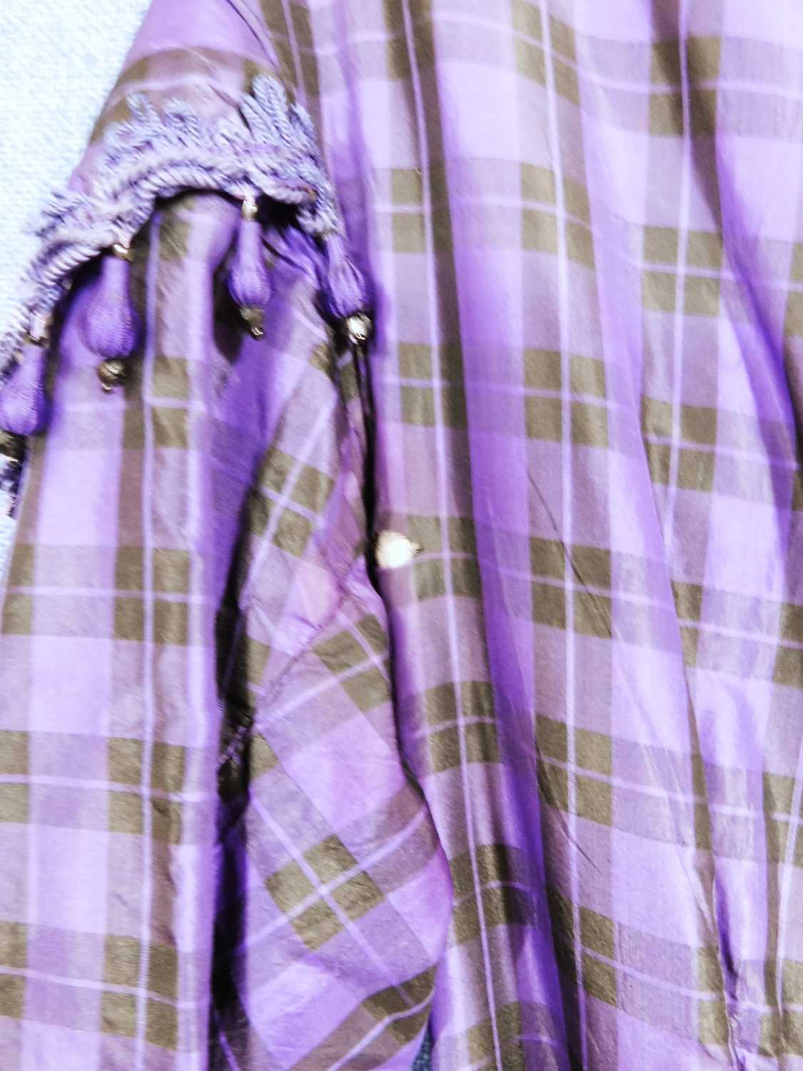A lady's late Victorian purple check day dress, with button front, full skirt, sash waist, braided - Image 4 of 12