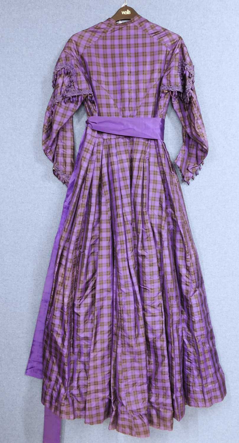 A lady's late Victorian purple check day dress, with button front, full skirt, sash waist, braided - Image 2 of 12