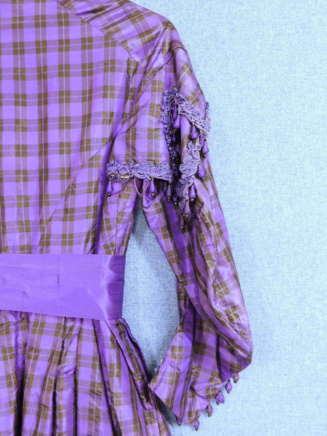 A lady's late Victorian purple check day dress, with button front, full skirt, sash waist, braided - Image 9 of 12